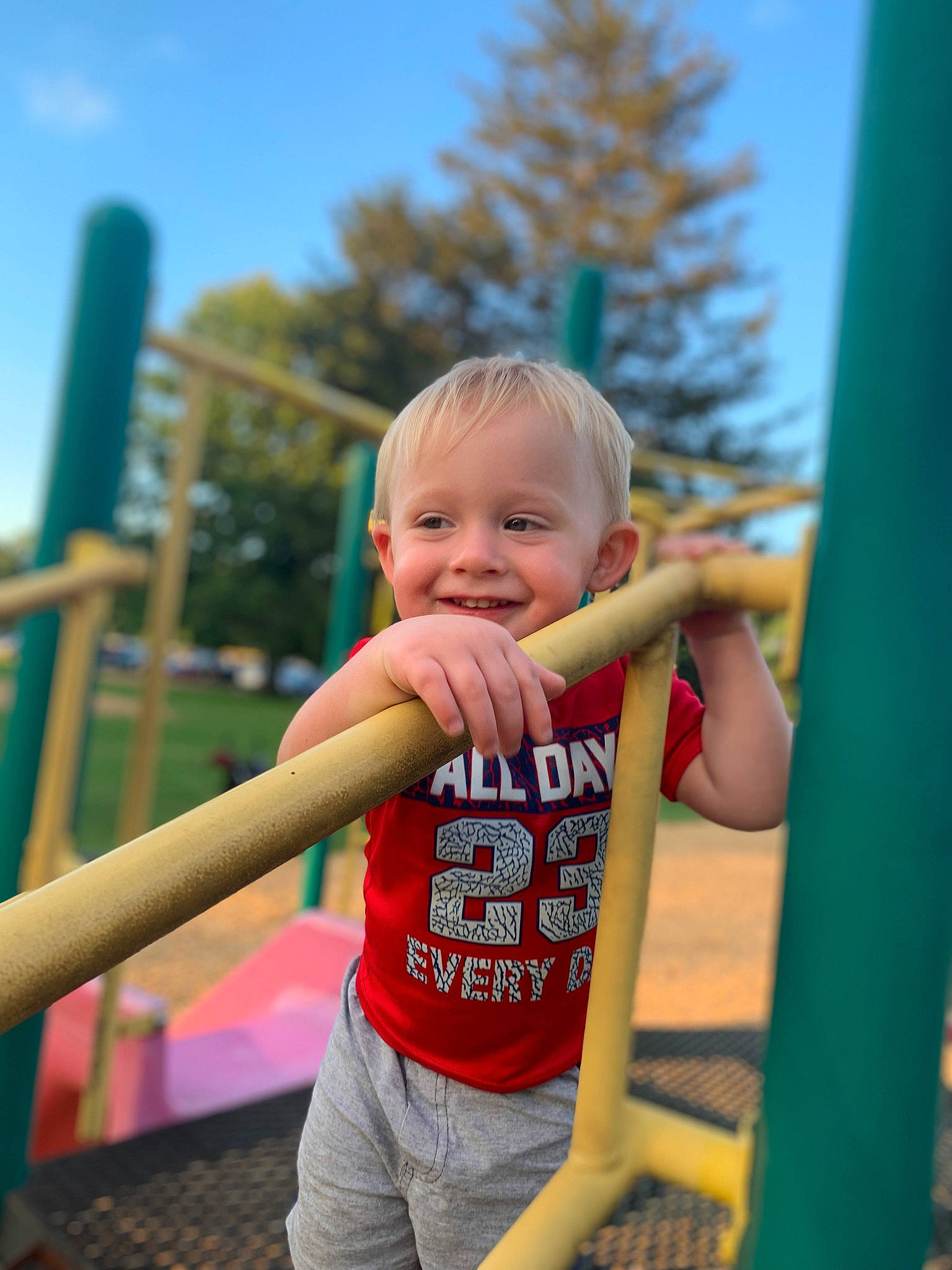 Jaxson is registered to the contest to win money with this photo: arm, baby_toddler_clothing, blue, child, city, fun, gesture, grass, happy, human_body, joy, leisure, people_in_nature, person, playground, sky, smile, sunlight, swing, t_shirt
