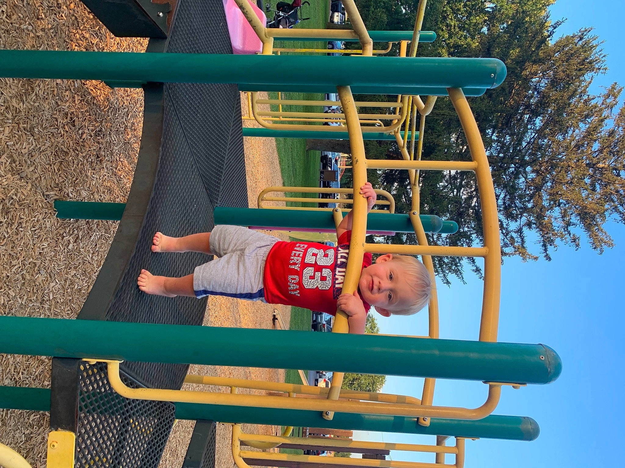 Jaxson joined the competition — help win amazing prizes! baby_toddler_clothing, child, city, electric_blue, fun, leisure, outdoor_play_equipment, person, play, playground, pole, recreation, shorts, sky, smile, summer, t_shirt, toddler, tree, wood
