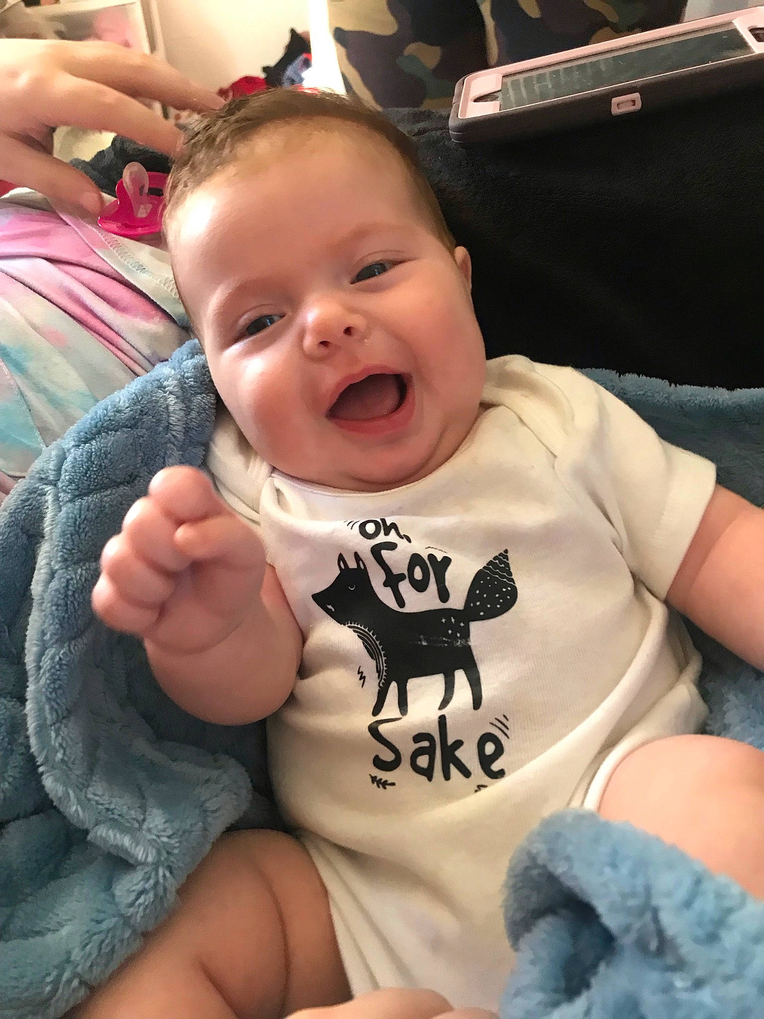 Jupiter joined the competition — help win amazing prizes! baby, baby_toddler_clothing, black, cheek, comfort, cool, eye, finger, gesture, hairstyle, hand, happy, head, mouth, person, skin, sleeve, smile, t_shirt, thumb