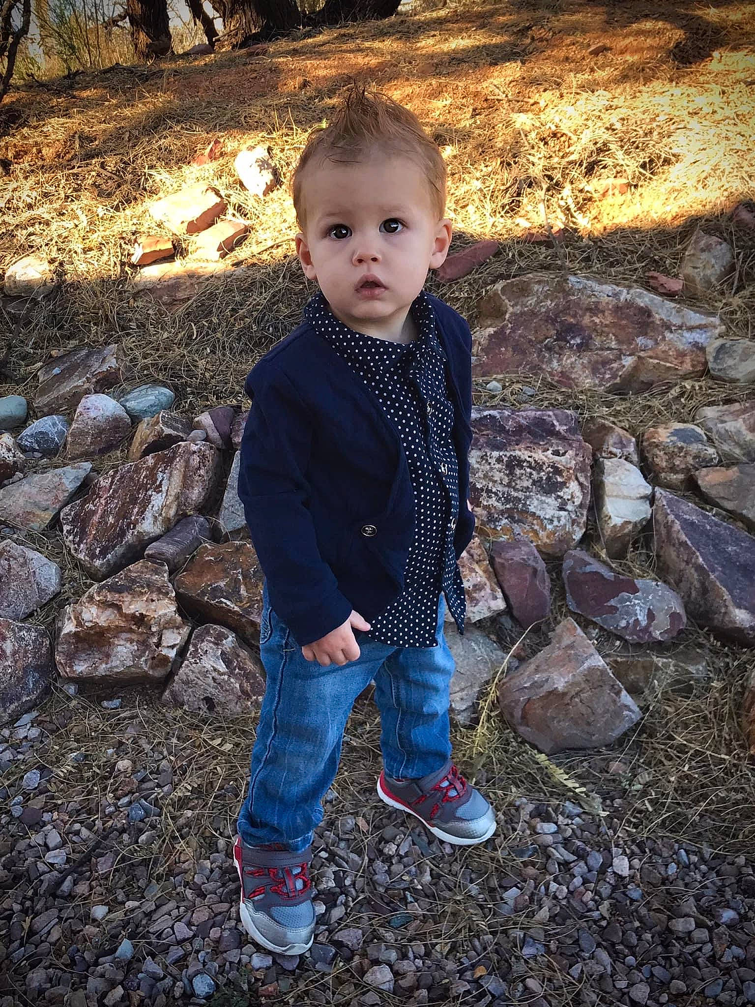 Carter joined the competition — help win amazing prizes! baby_toddler_clothing, child, electric_blue, face, flash_photography, forest, fun, grass, landscape, people_in_nature, person, plant, rock, sitting, soil, surprise, tints_and_shades, toddler, tree, wilderness