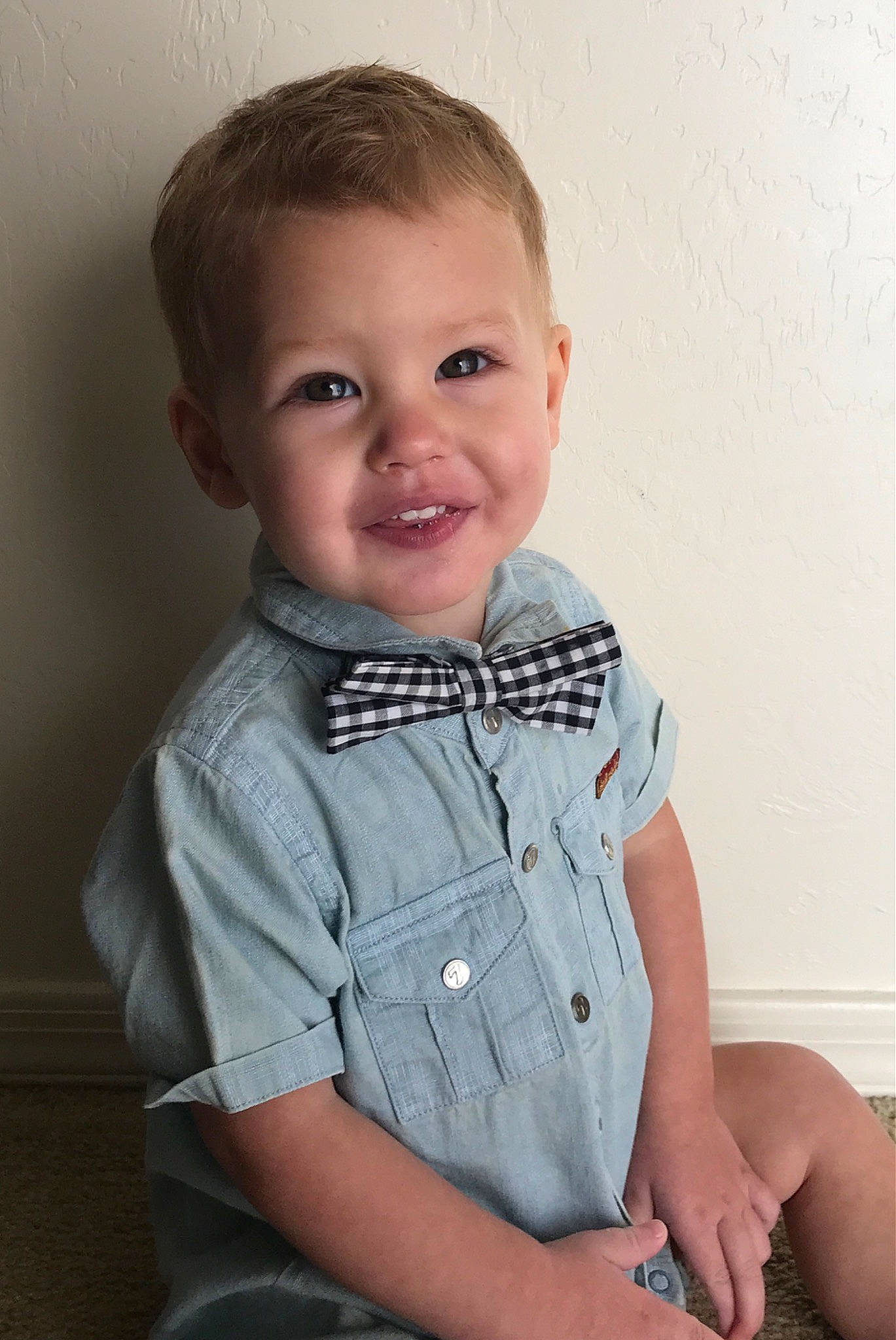 Carter is registered to the contest to win money with this photo: baby, baby_toddler_clothing, blond, cheek, child, collar, dress_shirt, electric_blue, face, flash_photography, happy, human_body, iris, joy, nose, pattern, person, shoulder, skin, sleeve