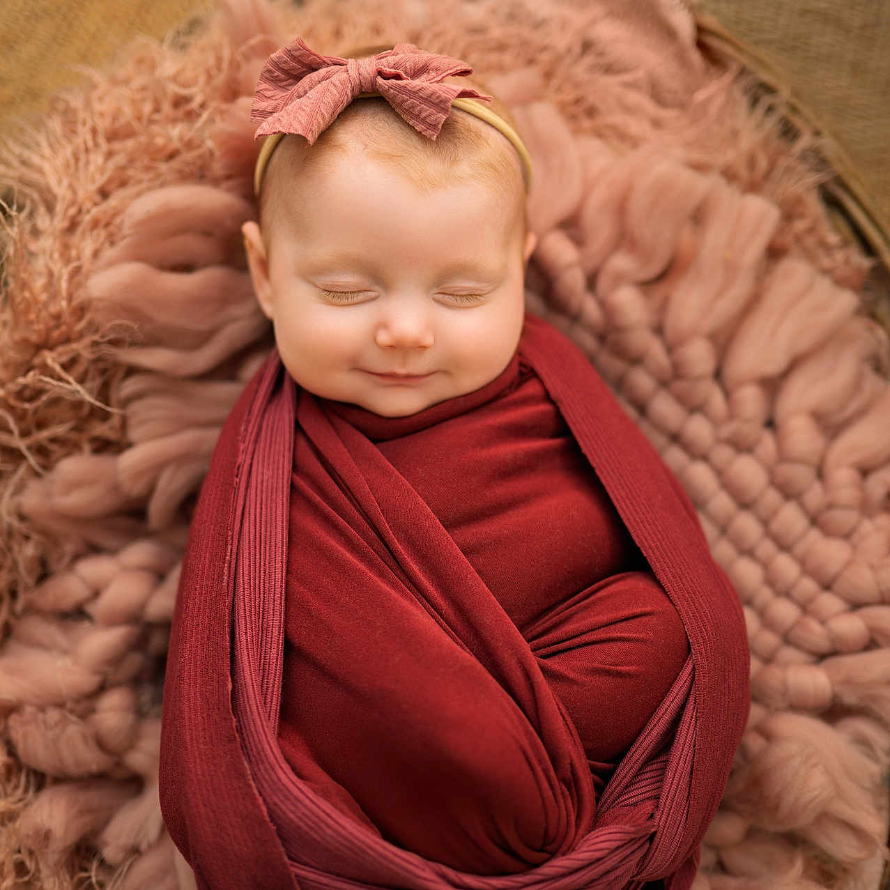 Sophia joined the competition — help win amazing prizes! baby, blanket, bow, child, closeup, cozy, cute, headband, infant, newborn, peaceful, pink, portrait, red, resting, sleeping, soft_texture, swaddle, woven_basket, wrapped