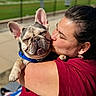 woman, dog, french_bulldog, kiss, hug, outdoor, sunlight, pet, love, affection, happy, closeup, animal, person, casual_clothing, earrings, green_field, daytime, blurred_background, smile