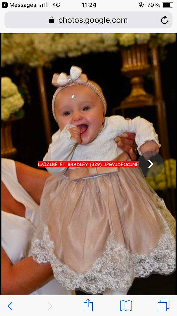 Ilyana participe au concours pour gagner de l'argent avec cette photo : baby, baby_toddler_clothing, day_dress, dress, embellishment, event, flash_photography, formal_wear, fun, happy, headband, headpiece, one_piece_garment, peach, person, pink, ruffle, sleeve, smile, toddler