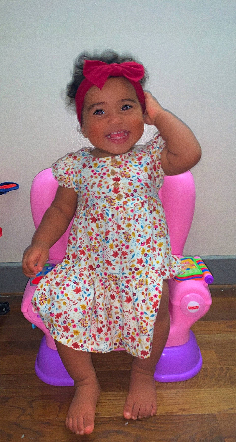 Raelyn joined the competition — help win amazing prizes! arm, baby_toddler_clothing, dress, face, facial_expression, finger, hairstyle, happy, headgear, headwear, human_body, joint, joy, leg, one_piece_garment, organ, person, pink, purple, skin