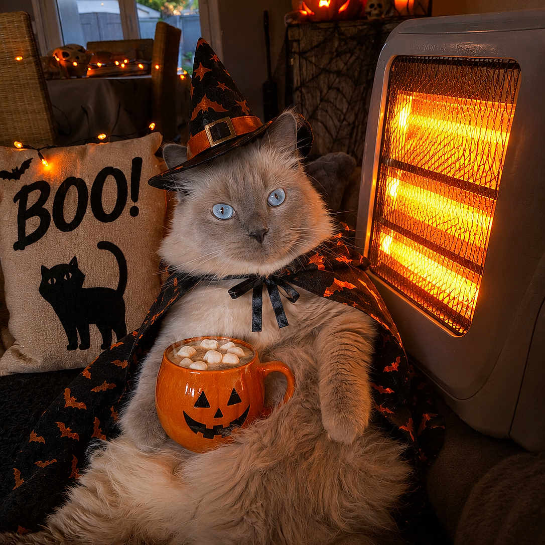 Eclair participe au concours pour gagner de l'argent avec cette photo : cat, halloween, witch_hat, costume, cape, pumpkin, mug, marshmallows, indoor, living_room, spooky, jack_o_lantern, bat_decoration, heater, orange_lighting, blue_eyes, fluffy, sitting, portrait, holiday_decorations