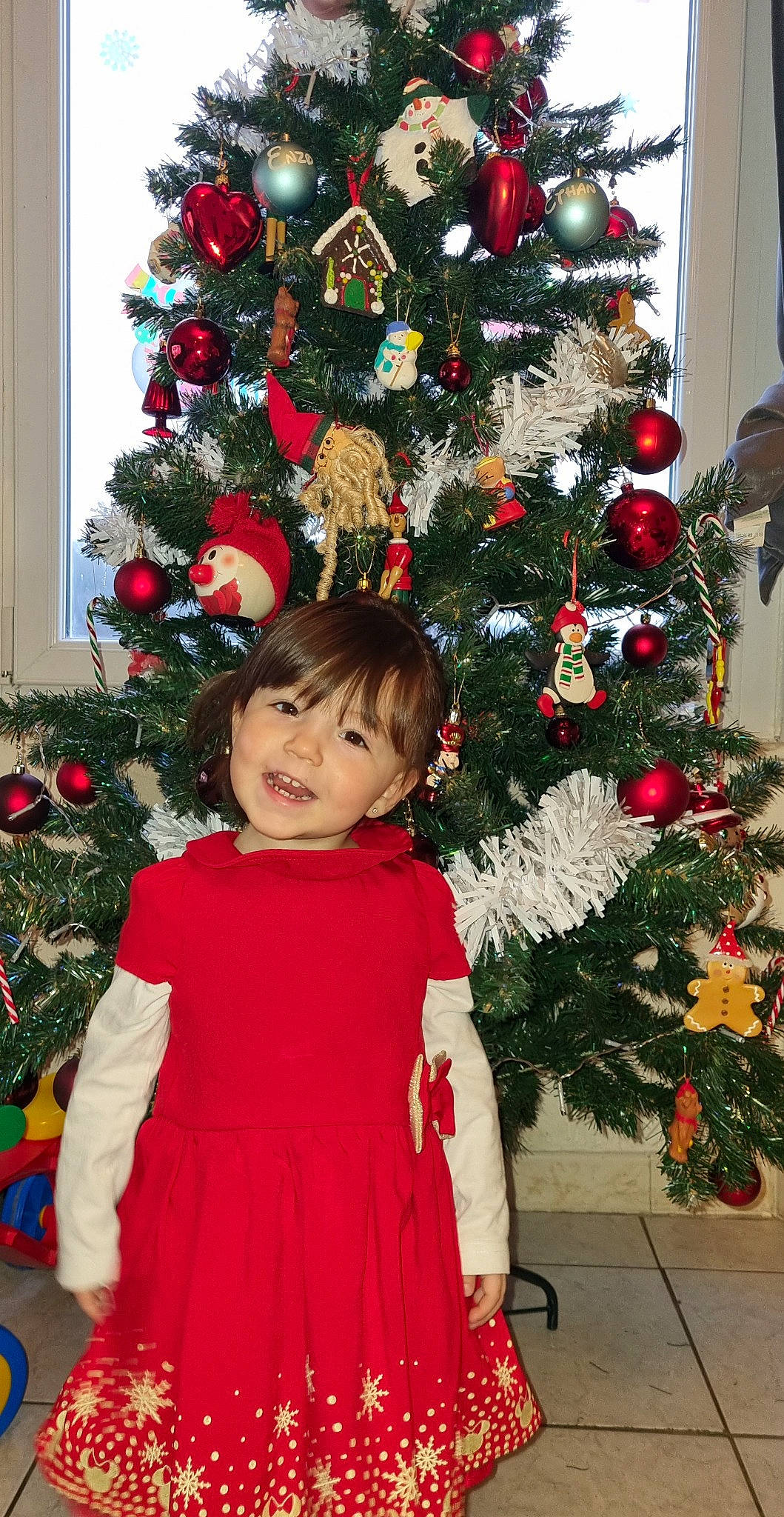 Luna a rejoint le concours — aidez-le/la à gagner de superbes lots ! baby_toddler_clothing, christmas_decoration, christmas_ornament, christmas_tree, creative_arts, dress, evergreen, green, happy, holiday_ornament, human_body, ornament, person, photograph, plant, red, sleeve, standing, tree, white