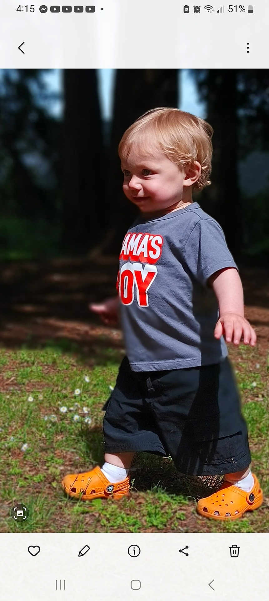 Raiden Kyng Bergeson joined the competition — help win amazing prizes! toddler, child, boy, outdoor, grass, trees, forest, shirt, clothing, orange_crocs, shoes, walking, sunlight, shadow, smile, cute, person, daylight, nature, happy