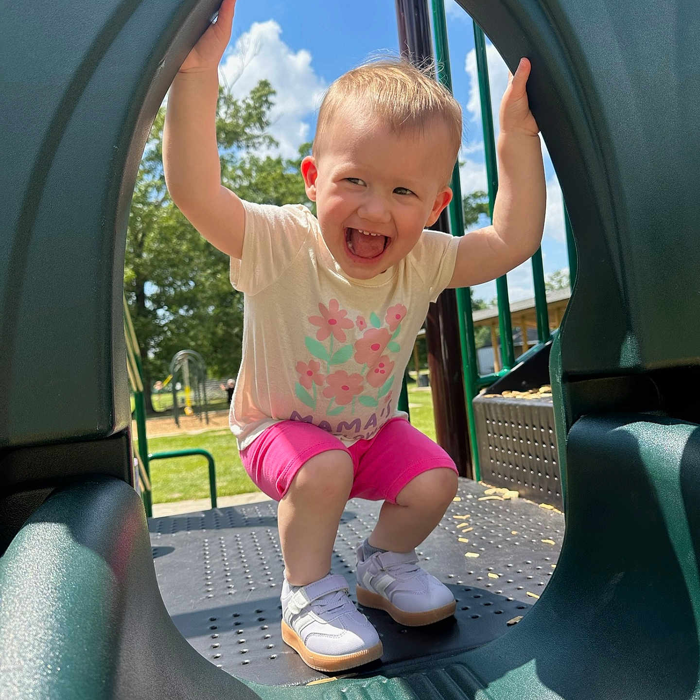 Ivy joined the competition — help win amazing prizes! toddler, child, playground, slide, outdoor, smiling, happy, summer, daylight, greenery, clothing, sneakers, shorts, tshirt, park, play, fun, person, recreation, nature