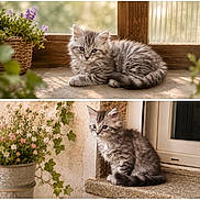 Bonbon a rejoint le concours — aidez-le/la à gagner de superbes lots ! kitten, cat, gray_tabby, fluffy, cute, windowsill, flower_pot, ivy, plant, sunlight, indoor, pet, animal, feline, young_cat, cozy, curious, soft_fur, resting, nature