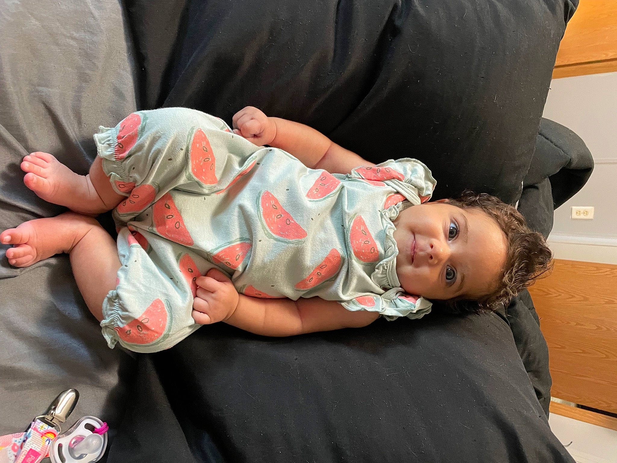 Londyn joined the competition — help win amazing prizes! baby, baby_carriage, baby_products, baby_toddler_clothing, child, comfort, elbow, glasses, hat, human_leg, joint, knee, leg, people, person, sitting, sleeve, smile, sock, thigh