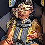 baby, bow, car_seat, child, chubby_arms, chubby_legs, closeup, cute, headband, indoor, infant, person, resting, safety_harness, seatbelt, sleeping, sunlight, toddler, warning_label, yellow_clothing