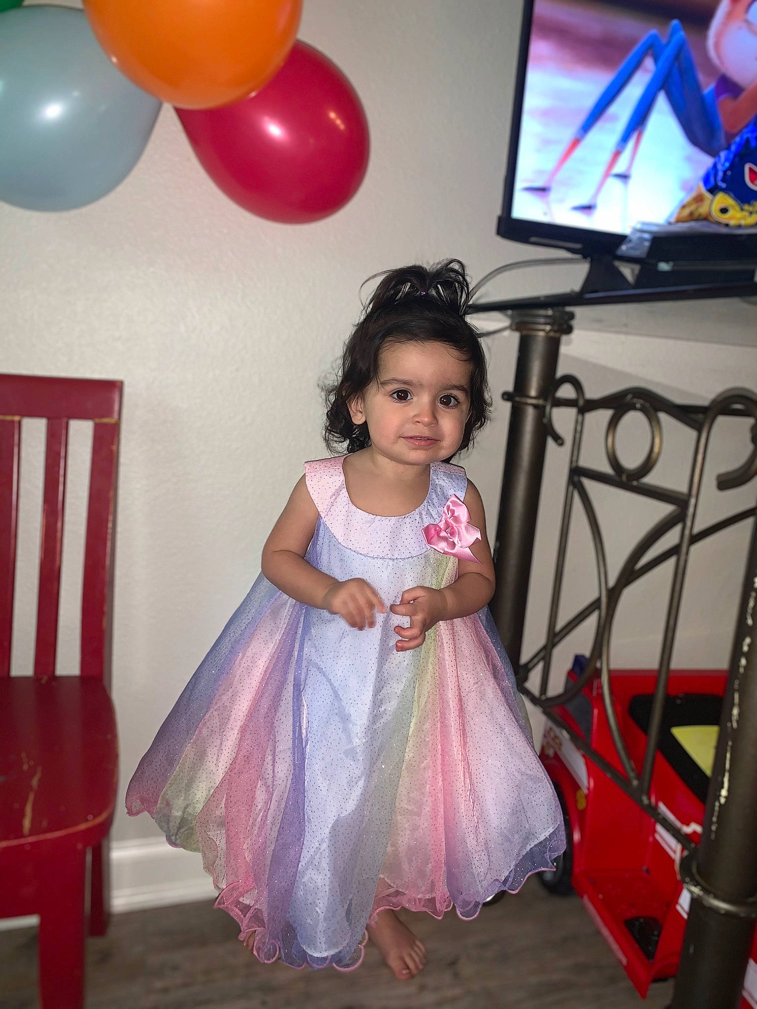 Laylah joined the competition — help win amazing prizes! baby_toddler_clothing, balloon, beauty, chair, dress, event, fashion, fashion_design, fun, happy, leisure, lighting, magenta, organ, party_supply, person, pink, snapshot, standing, television