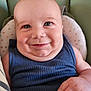 baby, smiling, blue_clothing, chubby_cheeks, infant, face, hand, seat, cushion, polka_dot, happy, portrait, indoor, cute, skin, person, child, closeup, head, baby_tank_top
