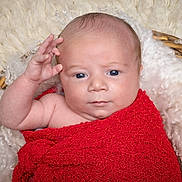 Gabin participe au concours pour gagner de l'argent avec cette photo : baby, infant, newborn, wrapped, red_blanket, basket, wool, fluffy, cozy, cute, blue_eyes, hand, gesture, skin, face, portrait, lying_down, soft_texture, warm, indoors