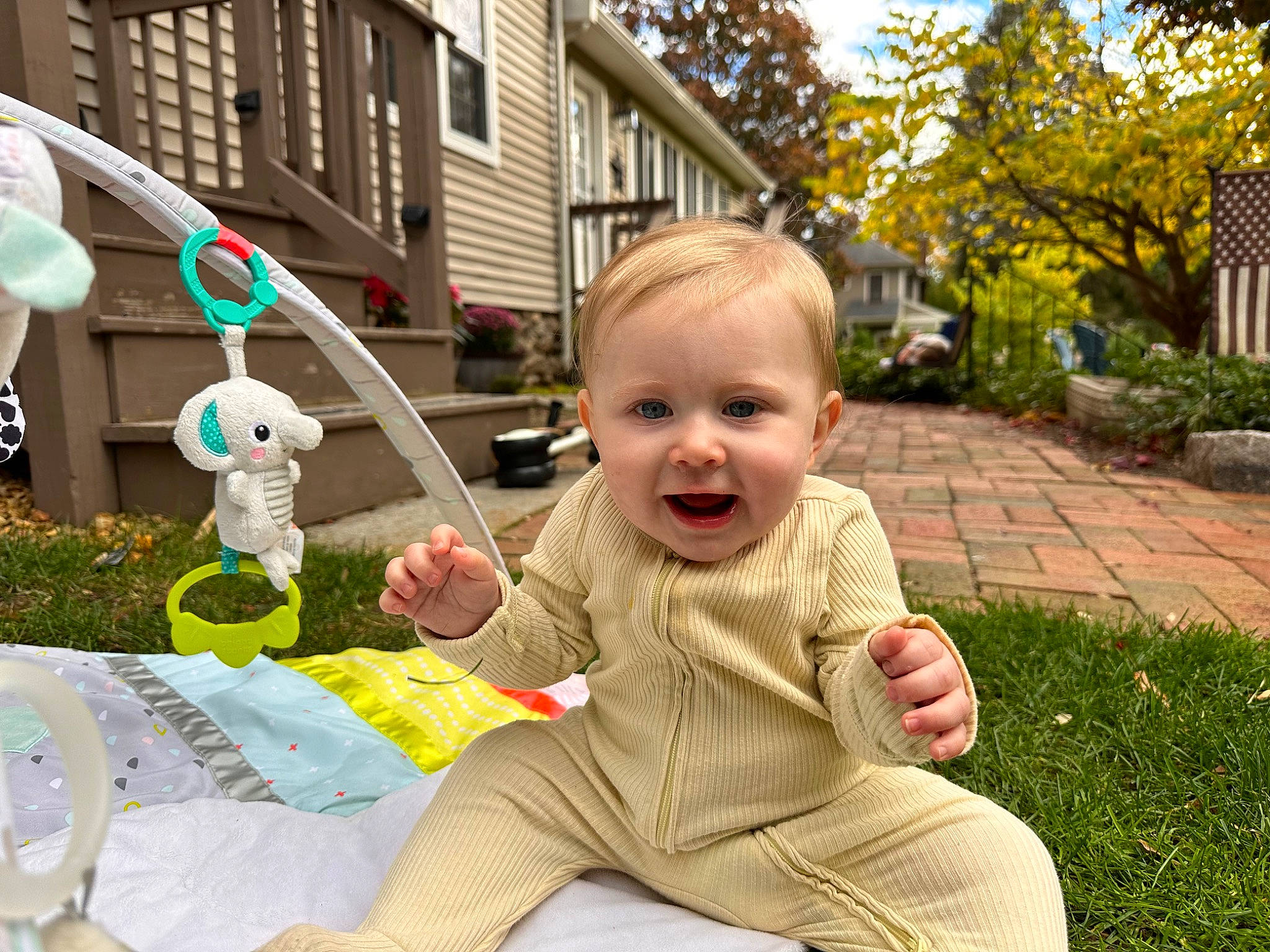 Logan is registered to the contest to win money with this photo: baby, baby_toddler_clothing, child, fun, grass, happy, leaf, leisure, people, people_in_nature, person, plant, recreation, sitting, skin, smile, summer, toddler, tree, window