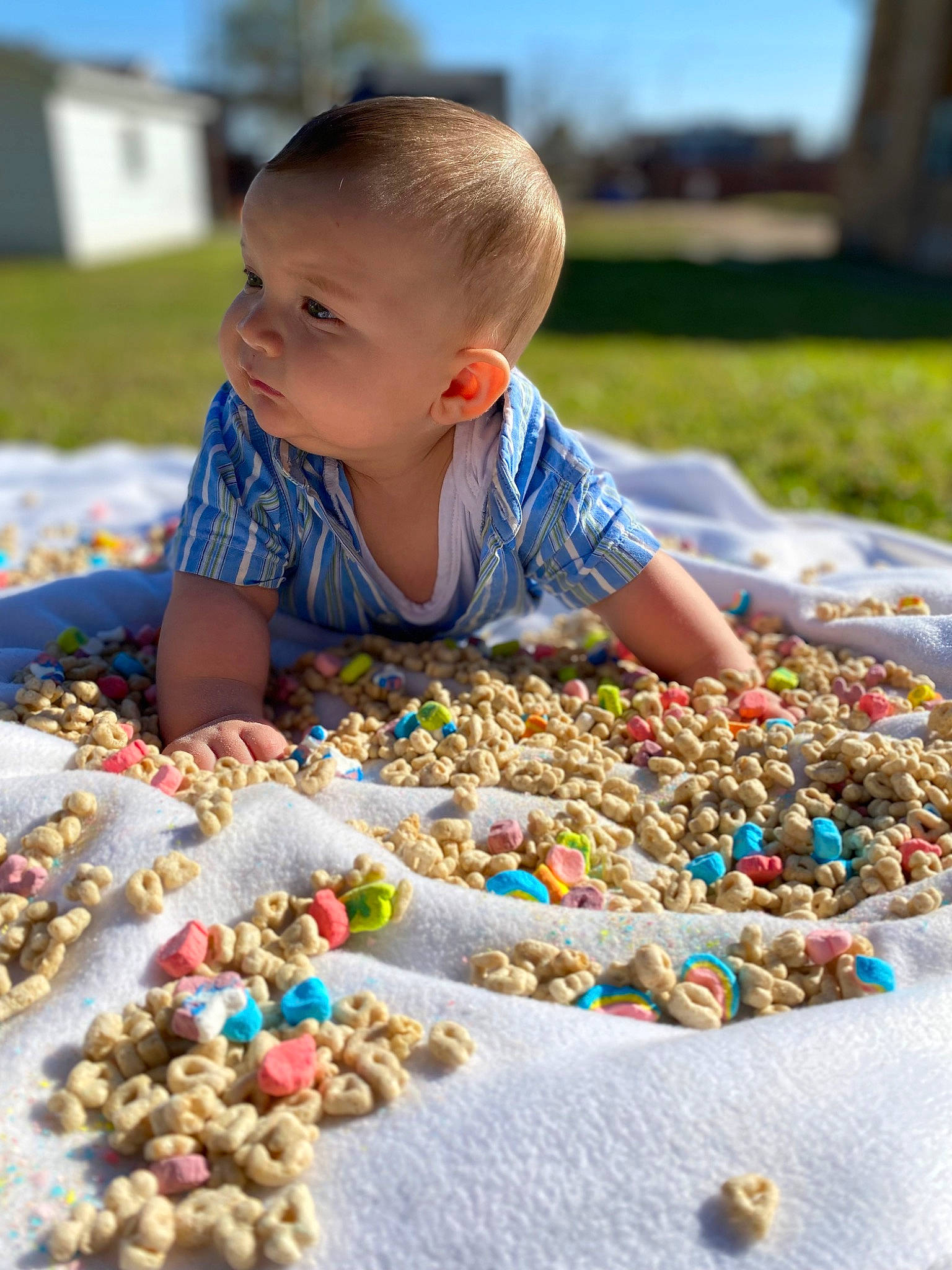 Nehemiah joined the competition — help win amazing prizes! art, baby, baby_toddler_clothing, blue, child, cuisine, event, food, fun, grass, happy, leisure, mixture, person, play, recreation, sky, snack, sweetness, t_shirt