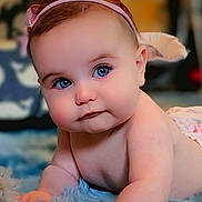 Lilliana is registered to the contest to win money with this photo: accessories, baby, bodypart, cartoon, clothing, couch, doll, dress, face, finger, hand, happy, head, headband, newborn, person, photography, portrait, smile, toy