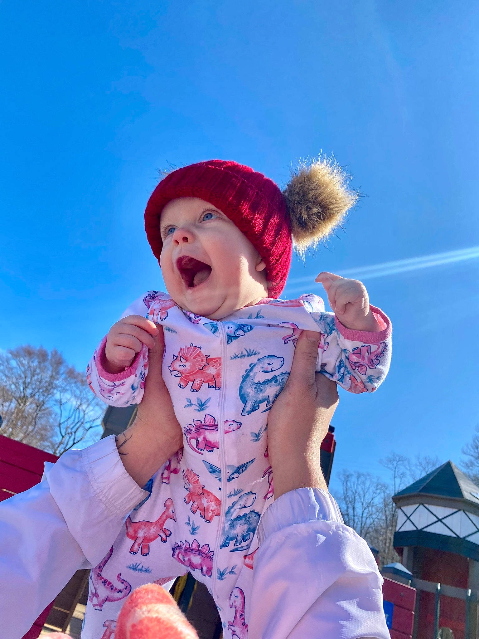 Lorelai joined the competition — help win amazing prizes! baby_toddler_clothing, ball, cap, child, electric_blue, fun, happy, hat, headwear, leisure, magenta, pattern, person, pink, plant, recreation, sitting, sky, toddler, tree