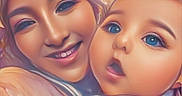 Eloise joined the competition — help win amazing prizes! woman, baby, child, portrait, smile, holding, face, blue_eyes, pastel_colors, digital_art, soft_light, floral_background, happy, mother_and_child, close_up, warm_colors, family, cute, toddler, artistic