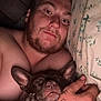 Rico joined the competition — help win amazing prizes! man, dog, sleeping, tattoo, cuddle, bed, pillow, face, hand, ear, nose, mouth, expression, skin, indoor, closeup, relax, pet, companion, intimacy
