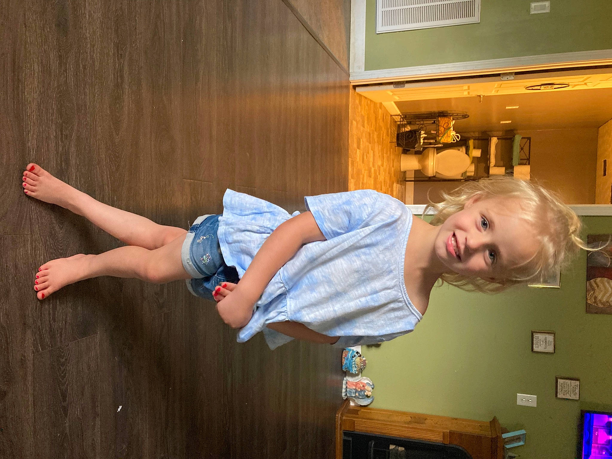 Avery Alizabeth joined the competition — help win amazing prizes! child, denim, elbow, flooring, foot, fun, happy, hardwood, human_leg, joy, knee, leisure, person, play, room, sitting, smile, t_shirt, thigh, toddler