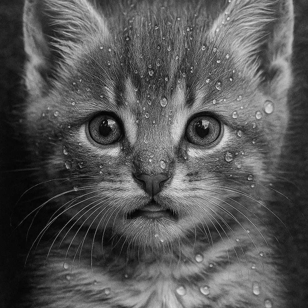 Fripouille participe au concours pour gagner de l'argent avec cette photo : adorable, animal, black_and_white, cat, close_up, curious, cute, eyes, face, fur, head, kitten, mammal, pet, portrait, soft, texture, water_droplets, whiskers, young