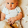 baby, blue_eyes, teddy_bear, blanket, star_pillow, infant, cute, soft_texture, indoor, child, clothing, onesie, hand, face, portrait, lying_down, plush_toy, skin, expression, cozy