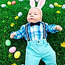 Owen is registered to the contest to win money with this photo: baby, easter_bunny, bunny_ears, grass, easter_eggs, flower, yellow_flower, boy, baby_clothes, blue_pants, bow_tie, suspenders, outdoor, spring, cute, holiday, lying_down, child, green_grass, festive