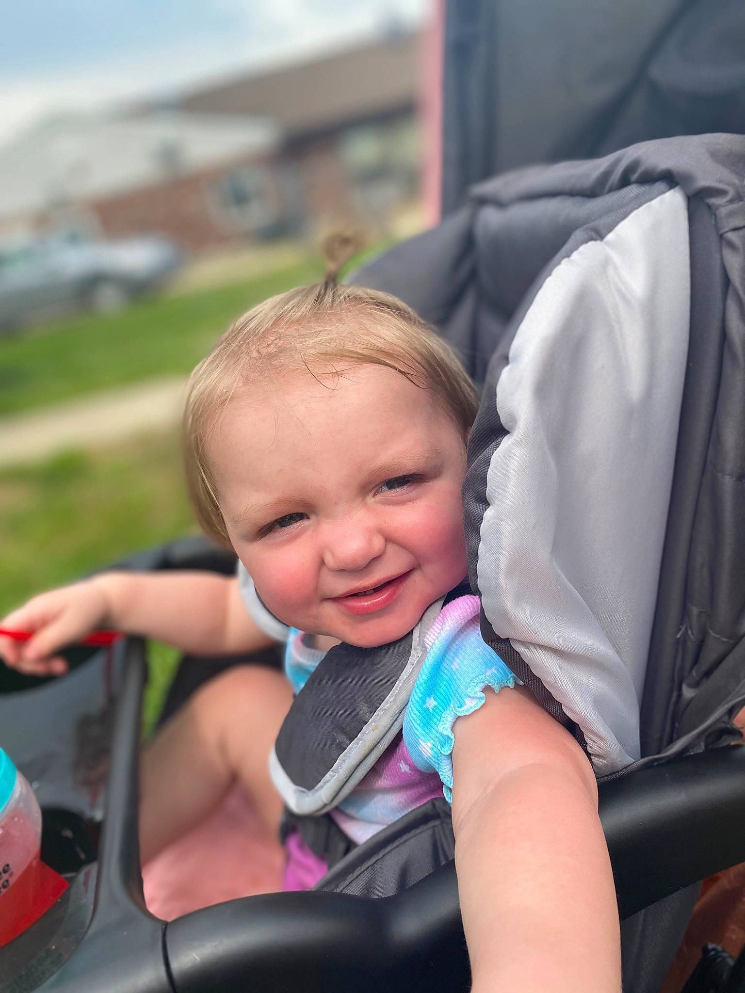 Rhaenyra is registered to the contest to win money with this photo: auto_part, automotive_exterior, baby, baby_carriage, baby_products, child, comfort, fun, grass, hairstyle, happy, human, joy, leisure, motor_vehicle, person, recreation, sky, smile, snapshot