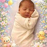 Emy a rejoint le concours — aidez-le/la à gagner de superbes lots ! baby, balloons, blanket, child, cute, decorative_frame, duck_toy, flowers, newborn, pastel_colors, peaceful, plush_toy, portrait, rabbit_toy, rainbow, sleeping, soft_lighting, sparkles, swaddled, teddy_bear