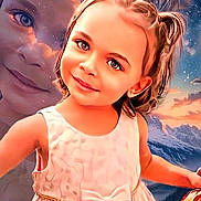 Gigi is registered to the contest to win money with this photo: child, girl, portrait, dress, pigtails, smile, face, background, mountains, sunset, sky, clouds, digital_art, enhanced, young, cute, happy, outdoor, colorful, fantasy