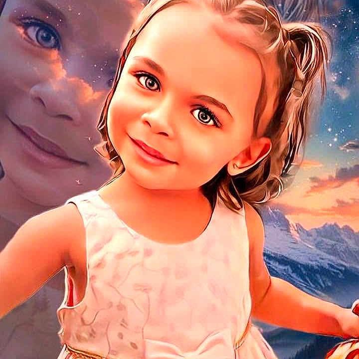 Gigi is registered to the contest to win money with this photo: child, girl, portrait, dress, pigtails, smile, face, background, mountains, sunset, sky, clouds, digital_art, enhanced, young, cute, happy, outdoor, colorful, fantasy