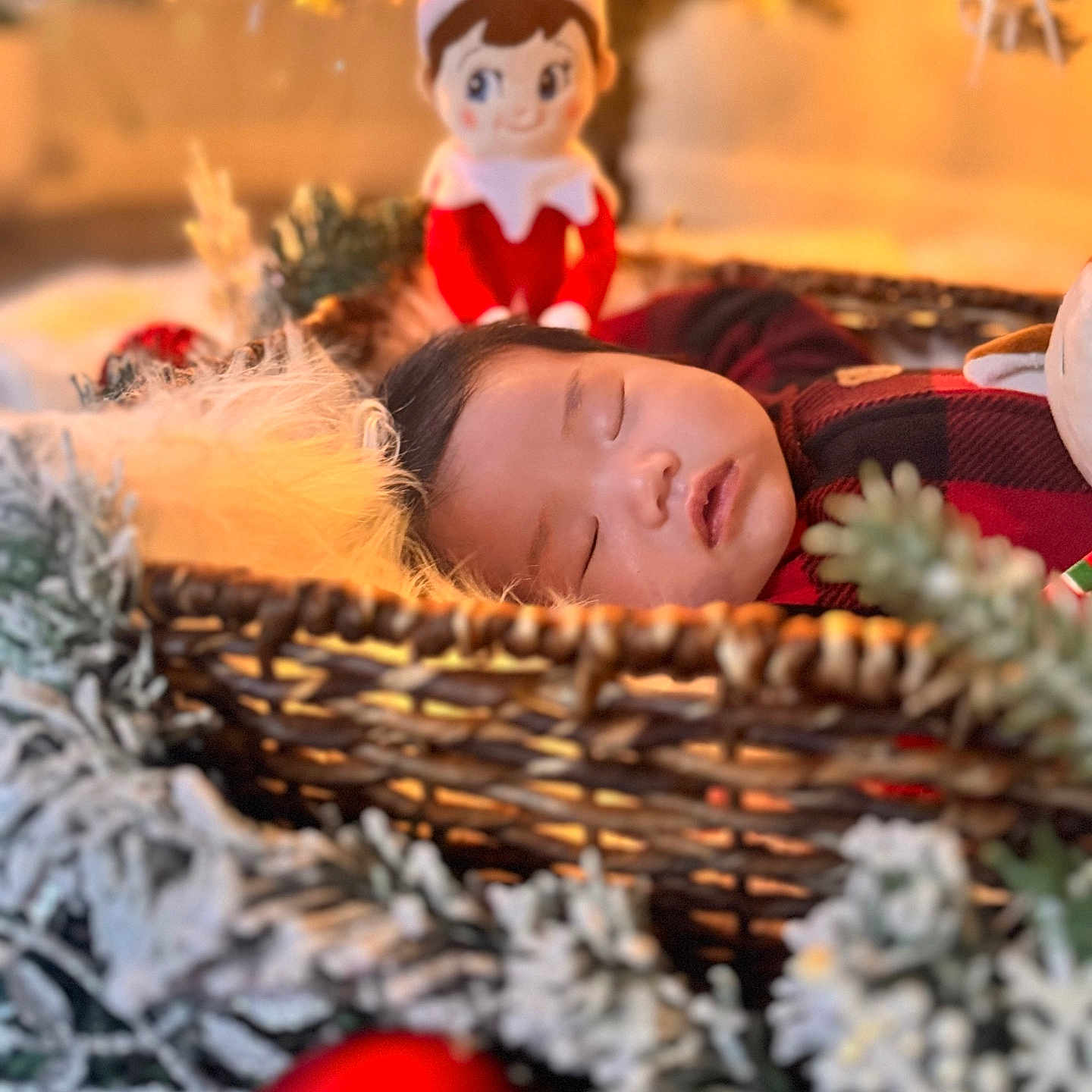 Lucian joined the competition — help win amazing prizes! baby, basket, child, christmas, cozy, cute, decorations, elf_doll, face, festive, holiday, indoor, peaceful, pine_branches, plaid_clothing, portrait, red_ornament, sleeping, snowy_foliage, warm_lighting