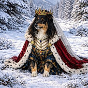 Stylie Pearl a rejoint le concours — aidez-le/la à gagner de superbes lots ! dog, snow, winter, mountains, forest, pine_trees, royal_clothing, crown, cape, jewelry, regal, portrait, outdoor, animal, canine, costume, nature, scenery, winter_wonderland, majestic