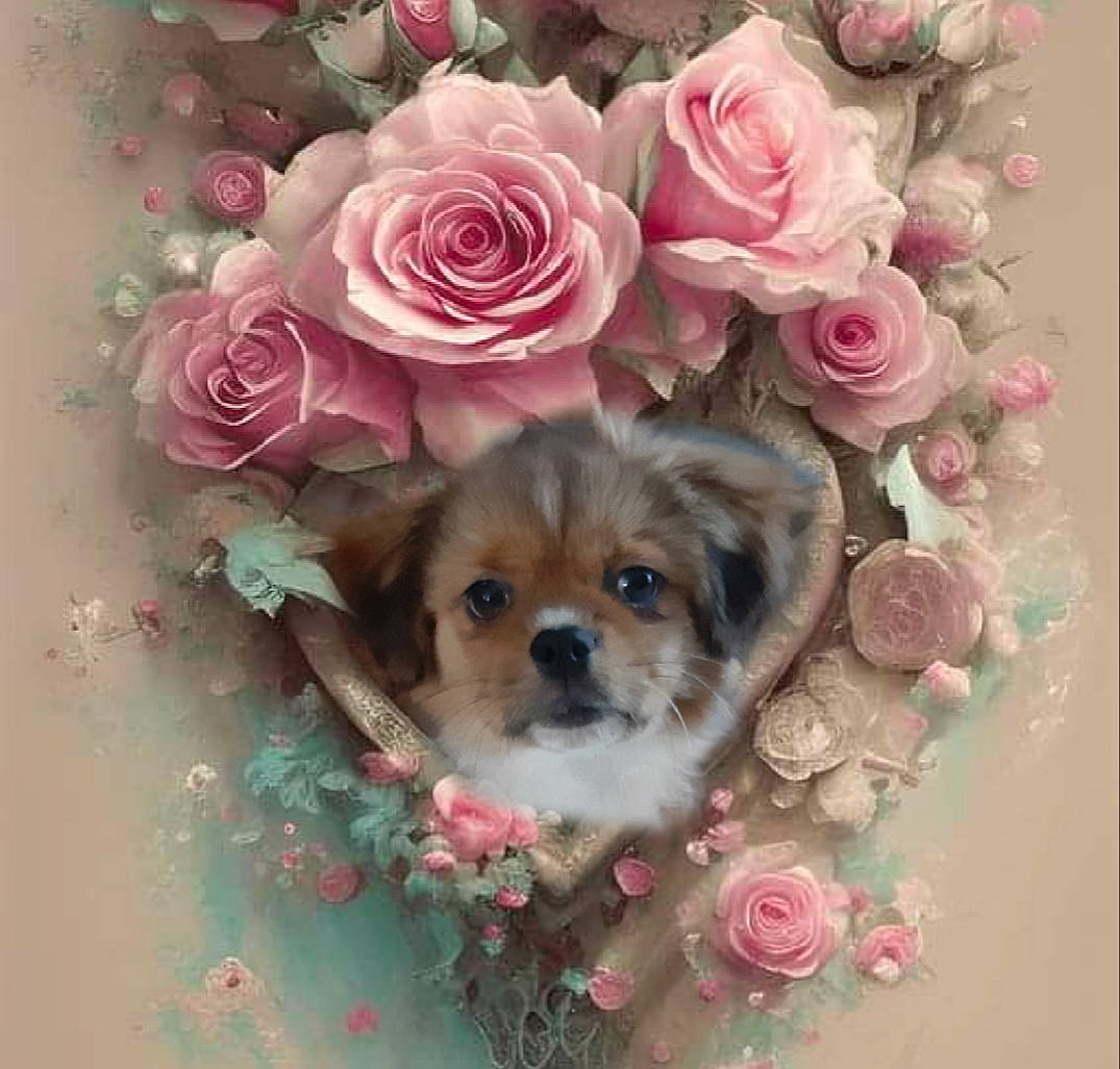 Tessy participe au concours pour gagner de l'argent avec cette photo : artificial_flower, canidae, carnivore, companion_dog, cut_flowers, dog, dog_breed, fawn, flower, font, liver, pattern, petal, pink, plant, rosa_centifolia, rose, rose_family, toy, toy_dog
