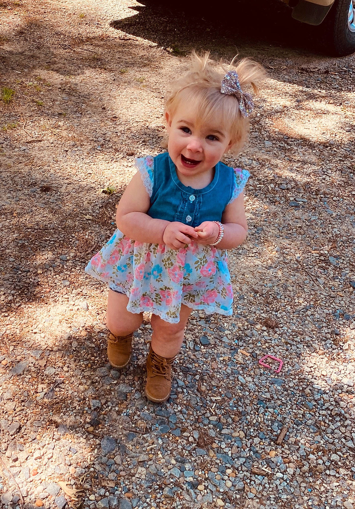 Avaleigh joined the competition — help win amazing prizes! baby, child, dress, fun, grass, leaf, person, plant, play, sitting, skin, smile, soil, summer, toddler, vacation