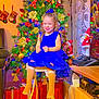 blue_dress, carpet, child, christmas_tree, curtains, festive_lights, figurines, furniture, girl, holiday_decorations, holiday_season, indoor, joy, long_hair, presents, smiling, stockings, stool, television, white_socks