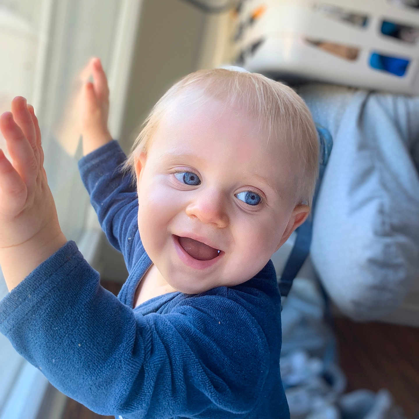 Aylan Champion participe au concours pour gagner de l'argent avec cette photo : baby, blond_hair, blue_eyes, casual, child, cute, expression, face, floor, hands, happy, home, indoor, laundry_basket, navy_blue_clothing, portrait, shoes, smiling, toddler, window