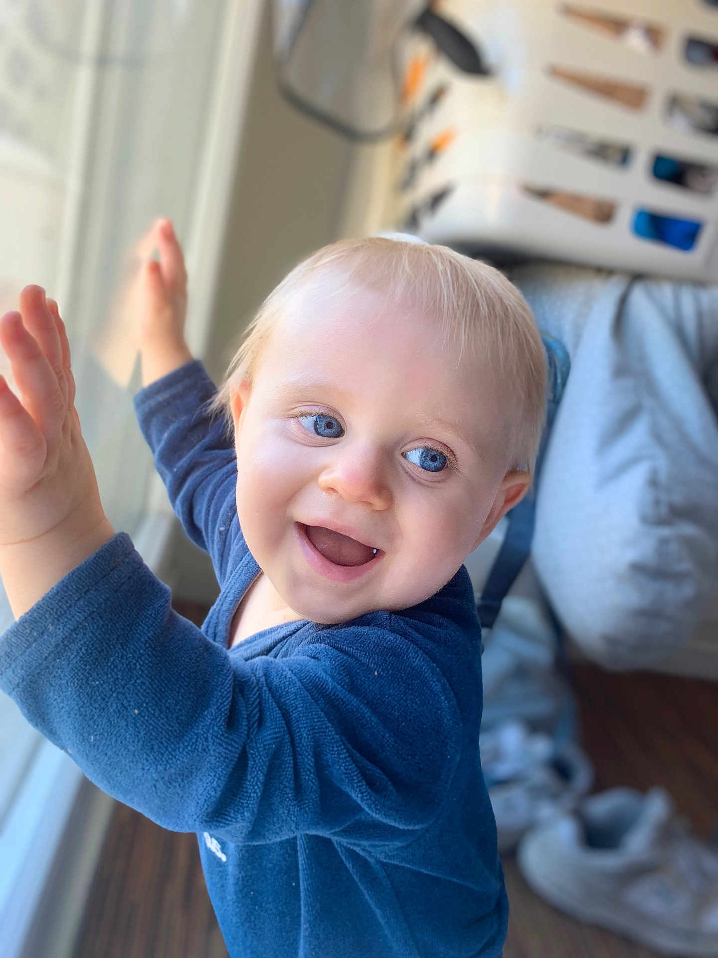 Aylan Champion participe au concours pour gagner de l'argent avec cette photo : toddler, child, smiling, blue_eyes, window, hands, navy_blue_clothing, indoor, happy, blond_hair, baby, face, expression, home, floor, laundry_basket, shoes, casual, cute, portrait
