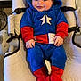 Gabriel a rejoint le concours — aidez-le/la à gagner de superbes lots ! baby, infant, child, onesie, costume, captain_america, blue, red, white, baby_rocker, smile, face, hood, footed_pajamas, plush, cushion, indoor, floor, happy, person