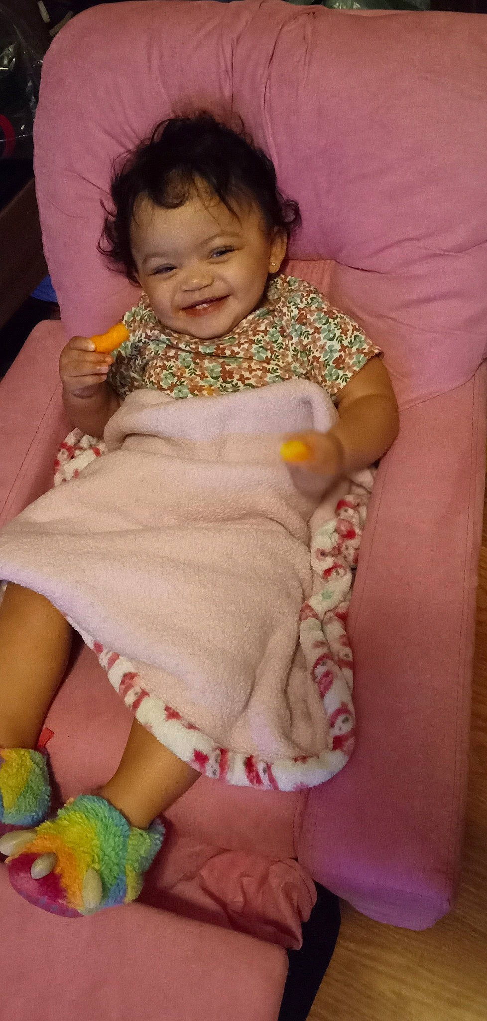 Karissa joined the competition — help win amazing prizes! baby_toddler_clothing, cheek, comfort, dress, face, facial_expression, finger, green, hand, iris, joy, leg, mammal, nose, organ, person, pink, product, skin, sleeve