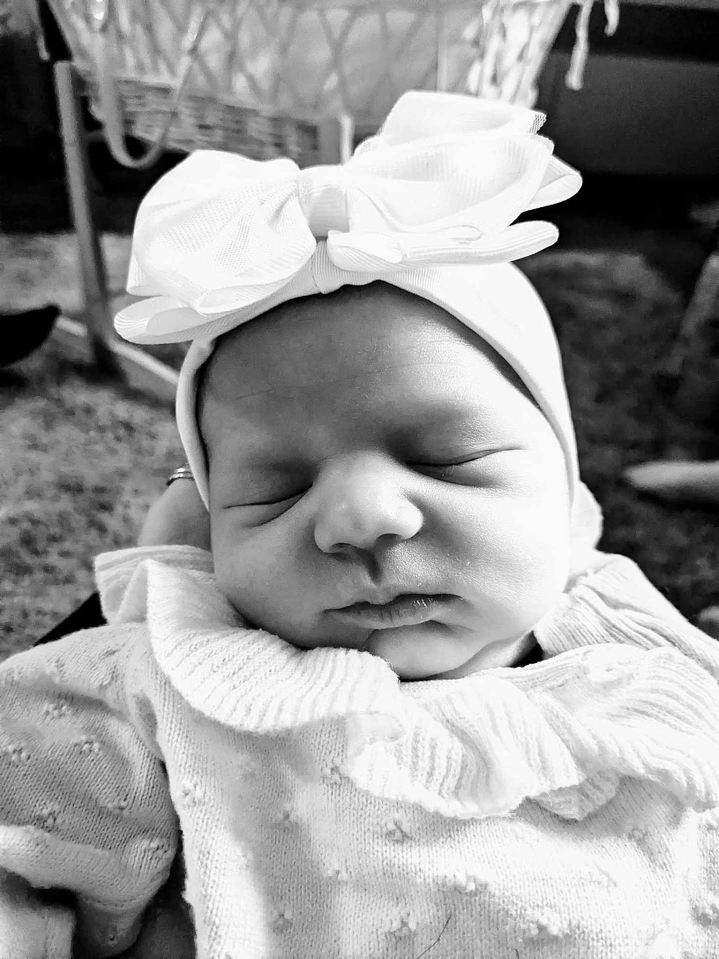 Gweni joined the competition — help win amazing prizes! baby, newborn, sleeping, headband, bow, black_and_white, portrait, infant, clothing, ruffled_collar, peaceful, face, closeup, soft_texture, cute, child, indoor, person, sleep, newborn_baby