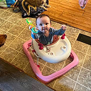 Kennidi is registered to the contest to win money with this photo: baby, walker, toy, dog, blanket, floor, tile_floor, wood_floor, pet_bowl, household, indoor, curious, child, animal, play, furniture, smile, person, pet_accessory, cozy