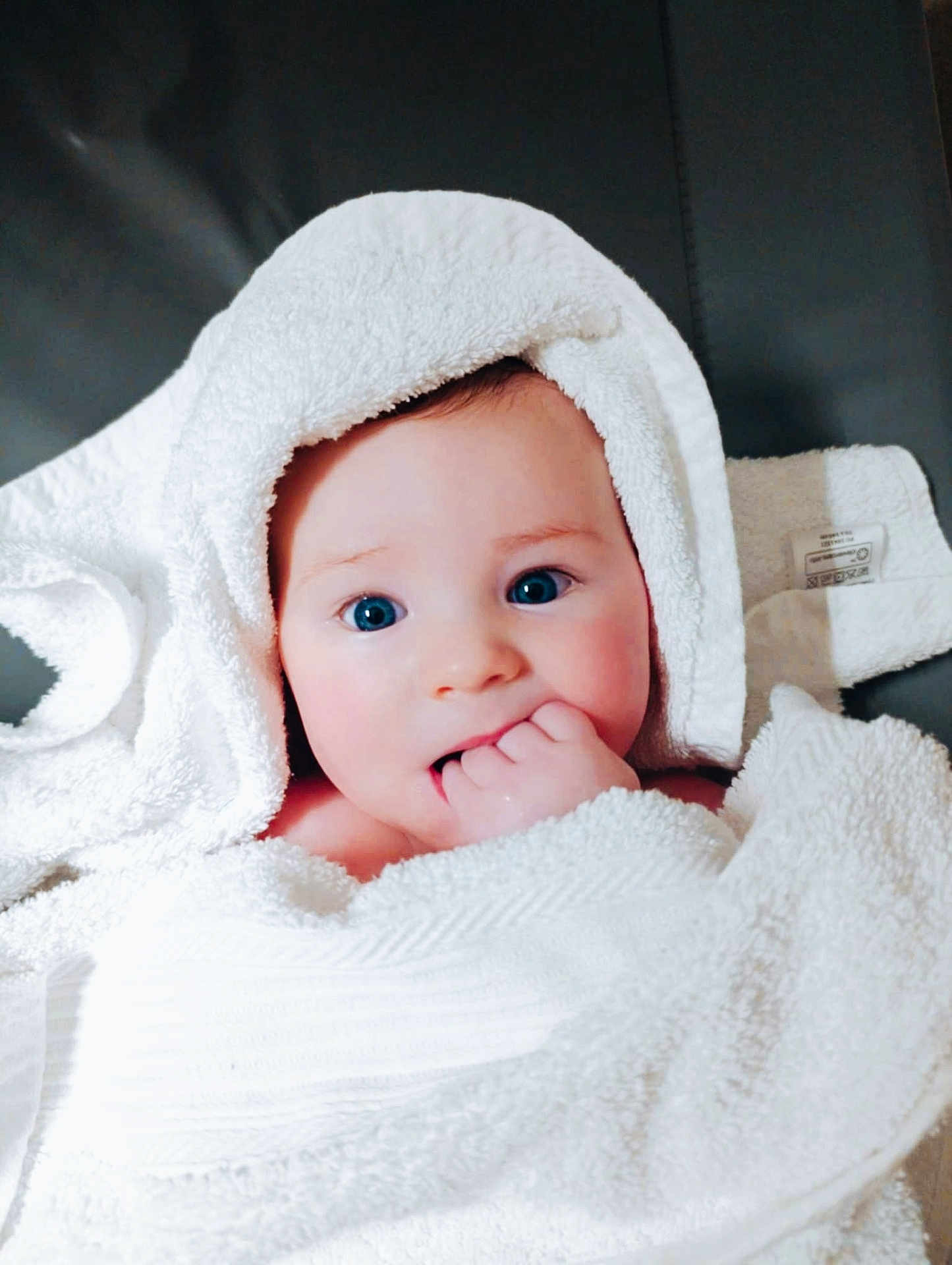 Léo participe au concours pour gagner de l'argent avec cette photo : baby, blue_eyes, towel, wrapped, cute, infant, skin, face, hand, newborn, portrait, child, soft, white, comfort, indoors, closeup, person, expression, bath