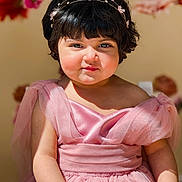 Haana is registered to the contest to win money with this photo: toddler, child, dress, pink, headband, flower, portrait, smile, cute, baby, girl, sitting, face, skin, hair, soft_light, background, indoors, fashion, happy
