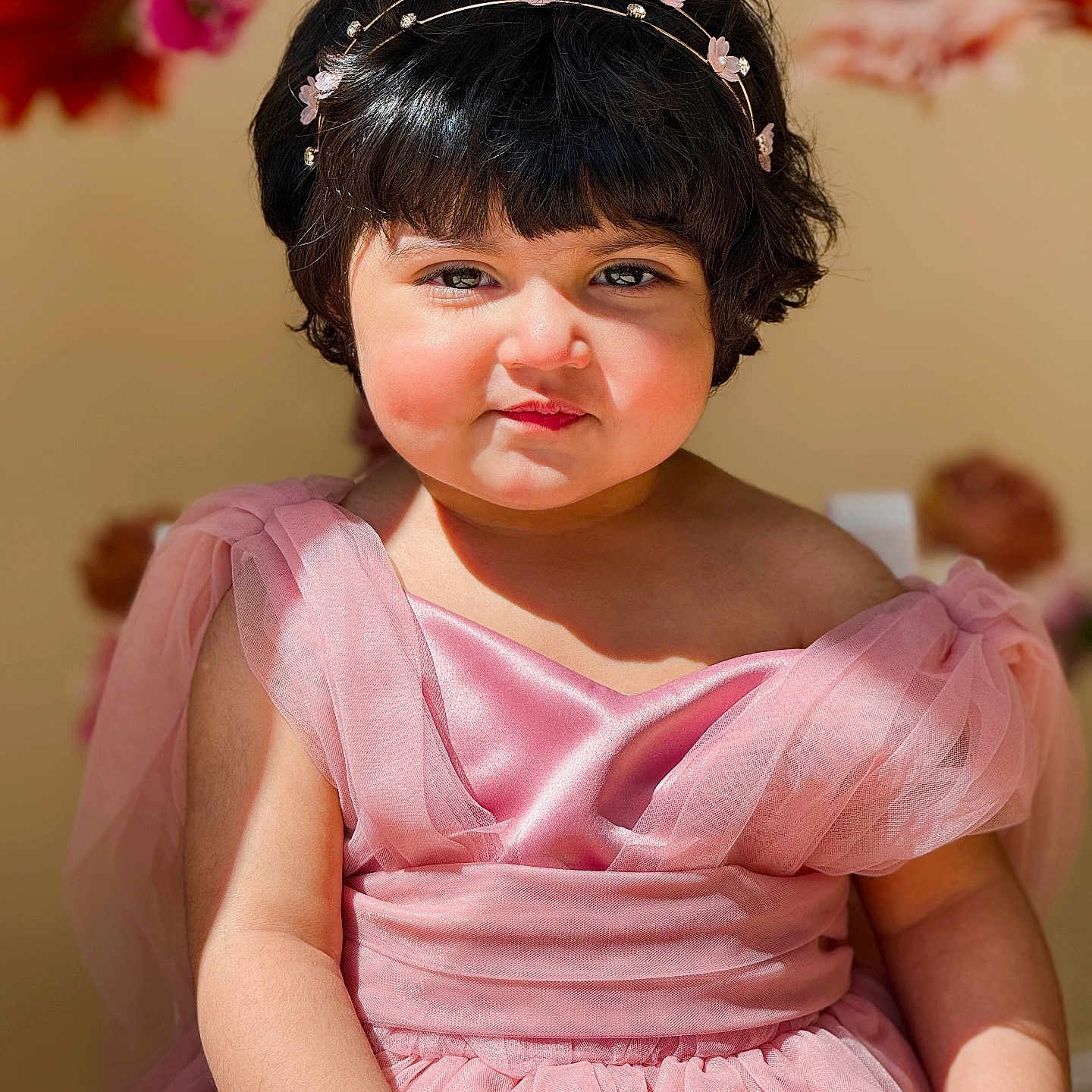 Haana is registered to the contest to win money with this photo: baby, background, child, cute, dress, face, fashion, flower, girl, hair, happy, headband, indoors, pink, portrait, sitting, skin, smile, soft_light, toddler