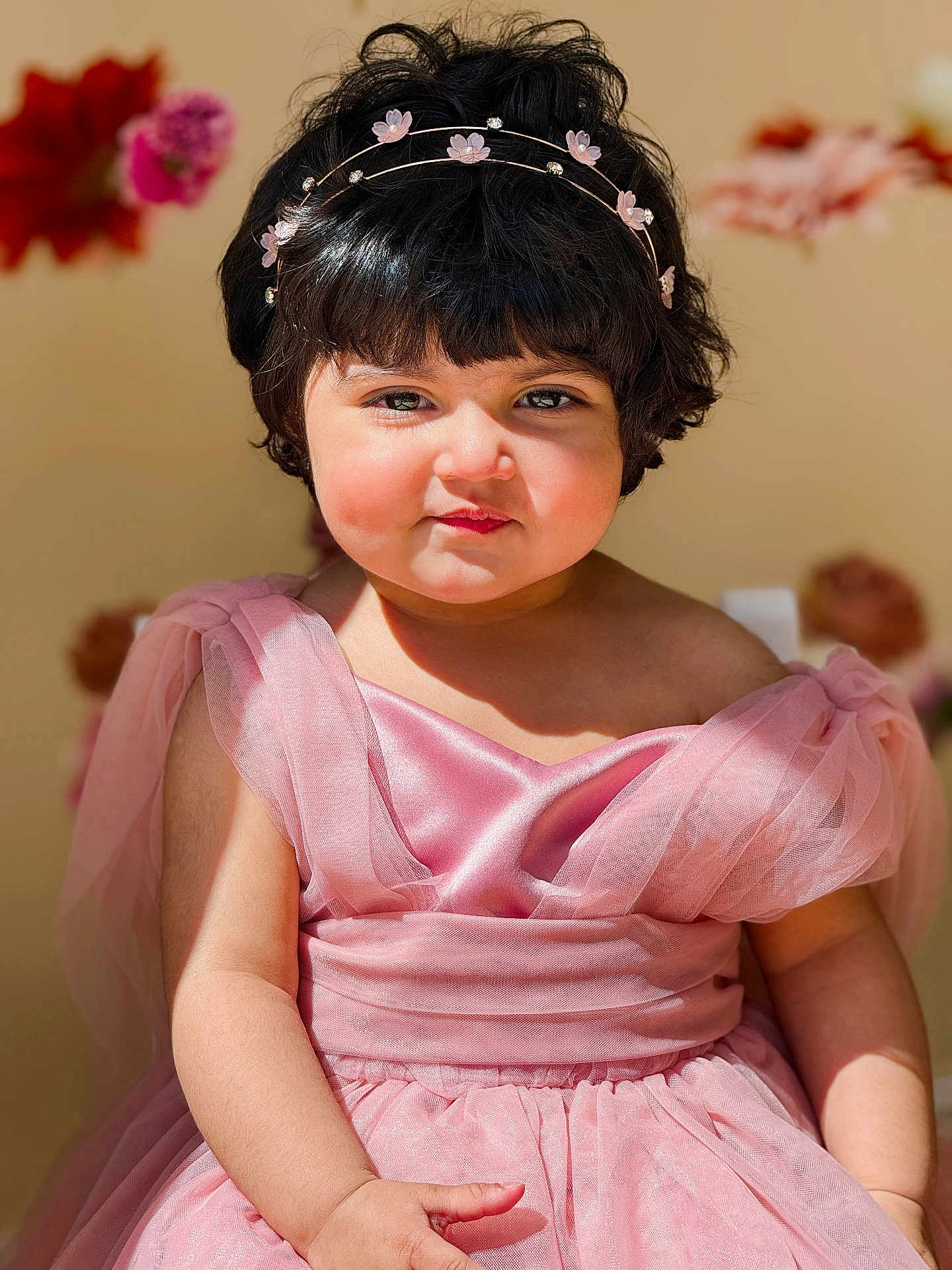 Haana is registered to the contest to win money with this photo: toddler, child, dress, pink, headband, flower, portrait, smile, cute, baby, girl, sitting, face, skin, hair, soft_light, background, indoors, fashion, happy