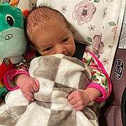 Raegan is registered to the contest to win money with this photo: baby, newborn, infant, blanket, car_seat, plush_toy, floral_pattern, hands, face, eyes, hair, swaddle, pink, checkered, closeup, portrait, indoor, cozy, grip, toy