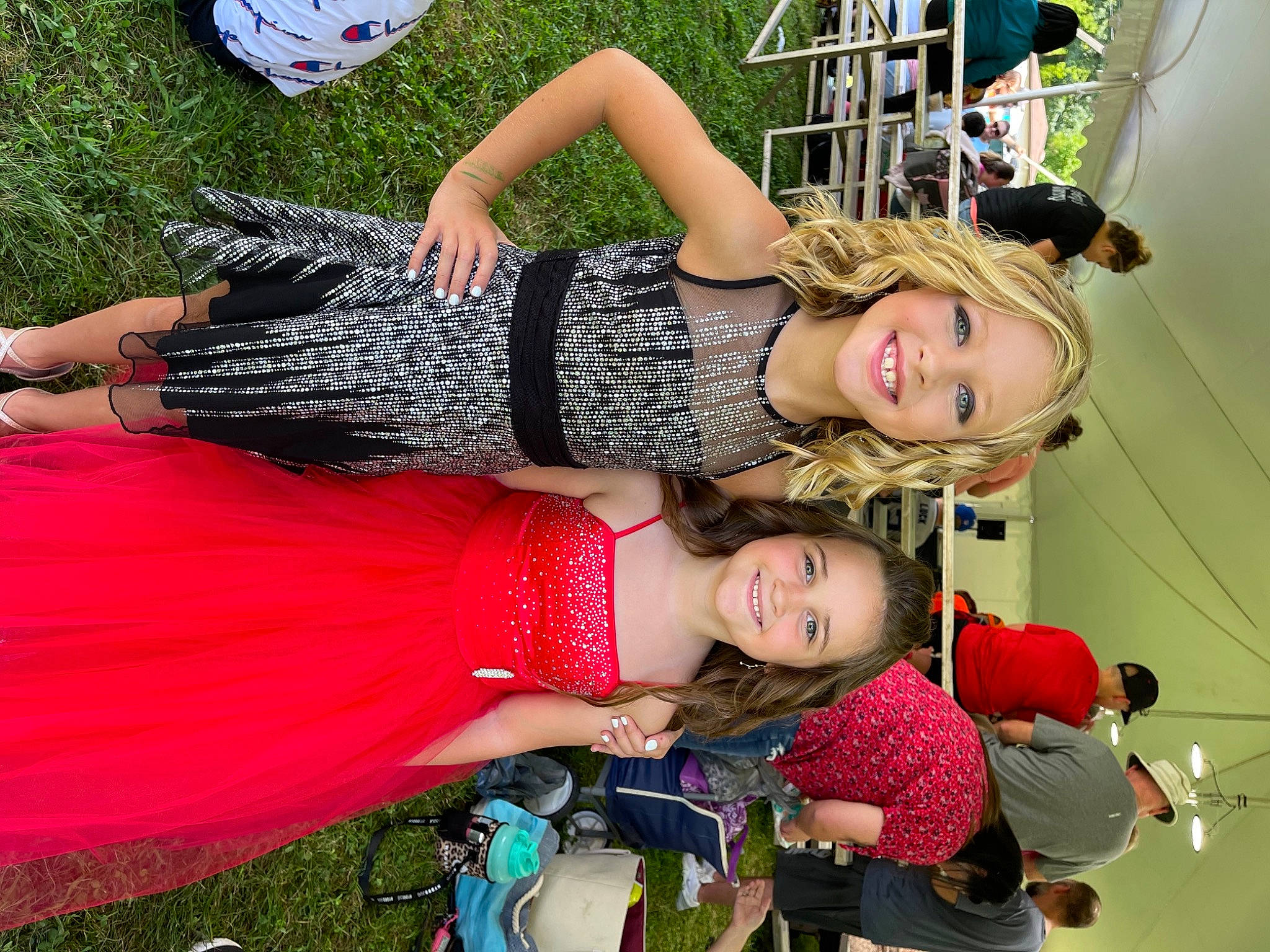 Braylee is registered to the contest to win money with this photo: abdomen, clothing, event, fashion_design, fun, grass, green, happy, human_leg, jewellery, joint, joy, leisure, luggage_and_bags, magenta, makeover, person, pink, smile, thigh